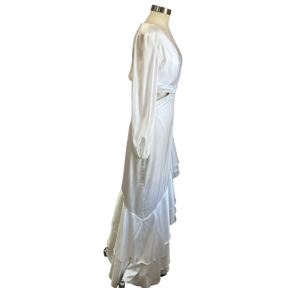 Mac Duggal Satin Ruffle High Low Gown Deep V Long Sleeve Formal Wedding 10 - Picture 3 of 16